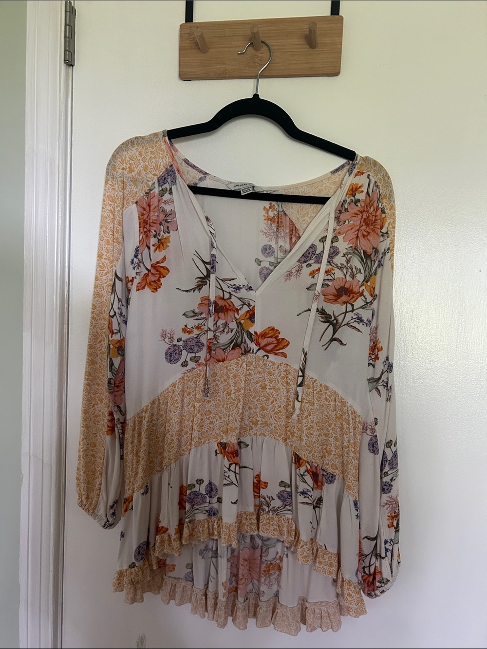 American Eagle Outfitters Cream Floral Tunic with Yellow and Orange Accents